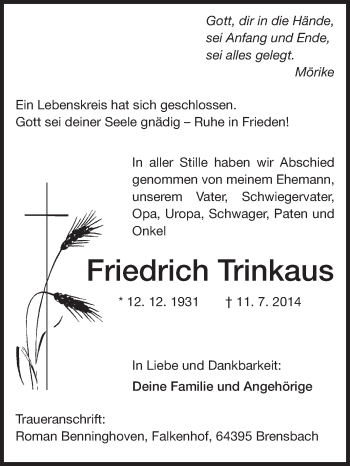 Traueranzeige von Friedrich Trinkaus von Echo-Zeitungen (Gesamtausgabe)