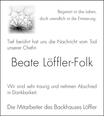 Traueranzeige von Beate Löffler-Folk von Starkenburger Echo, Bergsträßer Anzeiger