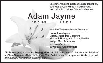 Traueranzeige von Adam Jayme von Echo-Zeitungen (Gesamtausgabe)