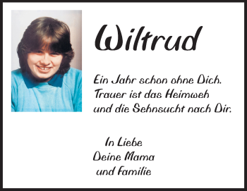 Traueranzeige von Wiltrud  von Rüsselsheimer Echo, Groß-Gerauer-Echo, Ried Echo