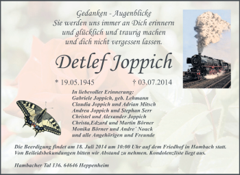Traueranzeige von Detlef Joppich von Starkenburger Echo, Bergsträßer Anzeiger