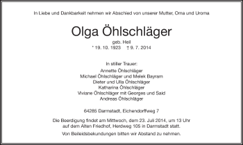 Traueranzeige von Olga Ohlschläger von Echo-Zeitungen (Gesamtausgabe)