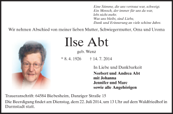 Traueranzeige von Ilse Abt von Echo-Zeitungen (Gesamtausgabe)