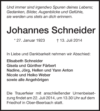 Traueranzeige von Johannes Schneider von Echo-Zeitungen (Gesamtausgabe)