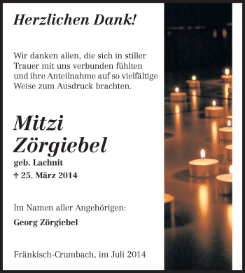 Traueranzeige von Mitzi Zörgiebel von Odenwälder Echo