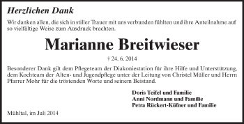 Traueranzeige von Marianne Breitwieser von Echo-Zeitungen (Gesamtausgabe)