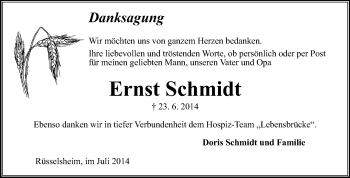 Traueranzeige von Ernst Schmidt von Rüsselsheimer Echo, Groß-Gerauer-Echo, Ried Echo