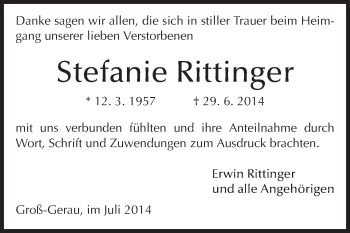 Traueranzeige von Stefanie Rittinger von Rüsselsheimer Echo, Groß-Gerauer-Echo, Ried Echo