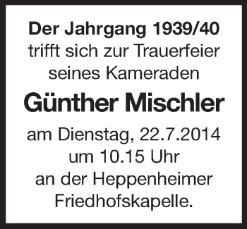 Traueranzeige von Günther Mischler von Starkenburger Echo