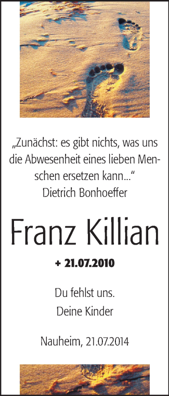 Traueranzeige von Franz Killian von Rüsselsheimer Echo, Groß-Gerauer-Echo, Ried Echo
