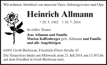 Traueranzeige von Heinrich Allmann von Echo-Zeitungen (Gesamtausgabe)