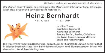 Traueranzeige von Heinz Bernhardt von Echo-Zeitungen (Gesamtausgabe)