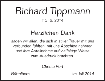 Traueranzeige von Richard Tippmann von Rüsselsheimer Echo, Groß-Gerauer-Echo, Ried Echo