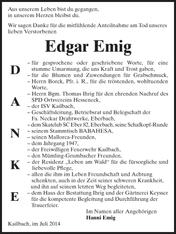 Traueranzeige von Edgar Emig von Odenwälder Echo