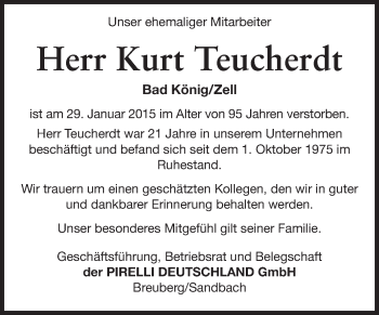 Traueranzeige von Kurt Teucherdt von Odenwälder Echo