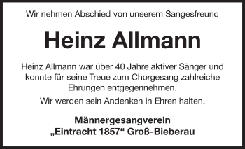 Traueranzeige von Heinz Allmann von Echo-Zeitungen (Gesamtausgabe)