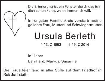 Traueranzeige von Ursula Berleth von Echo-Zeitungen (Gesamtausgabe)