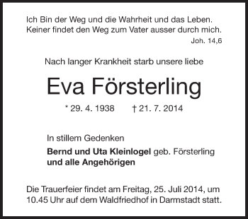 Traueranzeige von Eva Försterling von Echo-Zeitungen (Gesamtausgabe)