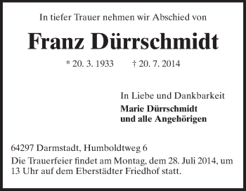 Traueranzeige von Franz Dürrschmidt von Echo-Zeitungen (Gesamtausgabe)