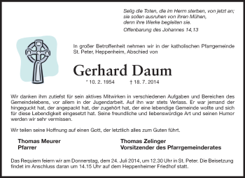 Traueranzeige von Gerhard Daum von Starkenburger Echo, Bergsträßer Anzeiger