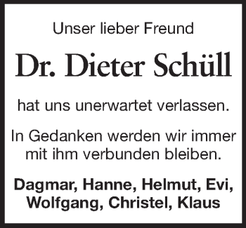 Traueranzeige von Dieter Schüll von Echo-Zeitungen (Gesamtausgabe)