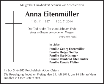 Traueranzeige von Anna Eitenmüller von Echo-Zeitungen (Gesamtausgabe)