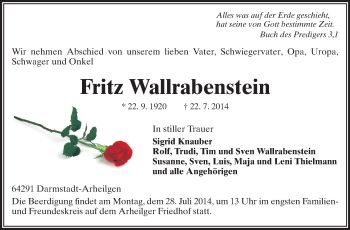 Traueranzeige von Fritz Wallrabenstein von Echo-Zeitungen (Gesamtausgabe)