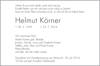 Traueranzeige von Helmut Körner von Echo-Zeitungen (Gesamtausgabe)