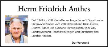 Traueranzeige von Friedrich Anthes von Rüsselsheimer Echo, Groß-Gerauer-Echo, Ried Echo