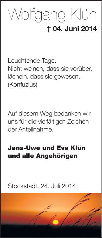 Traueranzeige von Wolfgang Klün von Echo-Zeitungen (Gesamtausgabe)