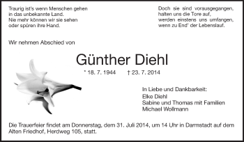 Traueranzeige von Günther Diehl von Echo-Zeitungen (Gesamtausgabe)