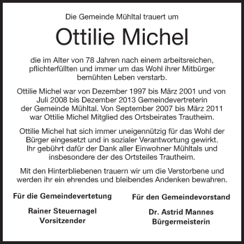 Traueranzeige von Ottilie Michel von Echo-Zeitungen (Gesamtausgabe)