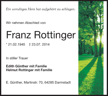 Traueranzeige von Franz Rottinger von Echo-Zeitungen (Gesamtausgabe)
