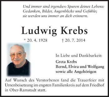 Traueranzeige von Ludwig Krebs von Darmstädter Echo, Odenwälder Echo, Rüsselsheimer Echo, Groß-Gerauer-Echo, Ried Echo