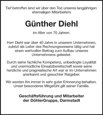 Traueranzeige von Günther Diehl von Echo-Zeitungen (Gesamtausgabe)