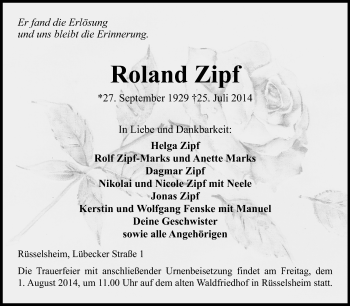 Traueranzeige von Roland Zipf von Rüsselsheimer Echo, Groß-Gerauer-Echo, Ried Echo
