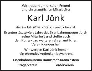 Traueranzeige von Karl Jönk von Echo-Zeitungen (Gesamtausgabe)