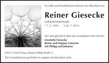 Traueranzeige von Reiner Giesecke von Rüsselsheimer Echo, Groß-Gerauer-Echo, Ried Echo