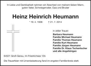 Traueranzeige von Heinz Heinrich Heumann von Rüsselsheimer Echo, Groß-Gerauer-Echo, Ried Echo