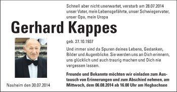 Traueranzeige von Gerhard Kappes von Rüsselsheimer Echo, Groß-Gerauer-Echo, Ried Echo