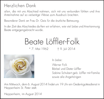Traueranzeige von Beate Löffler-Folk von Starkenburger Echo, Bergsträßer Anzeiger