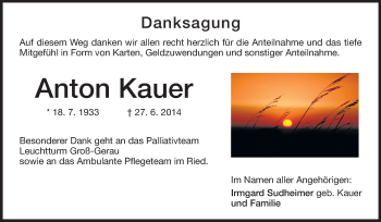 Traueranzeige von Anton Kauer von Rüsselsheimer Echo, Groß-Gerauer-Echo, Ried Echo