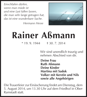 Traueranzeige von Rainer Aßmann von Darmstädter Echo, Odenwälder Echo, Rüsselsheimer Echo, Groß-Gerauer-Echo, Ried Echo