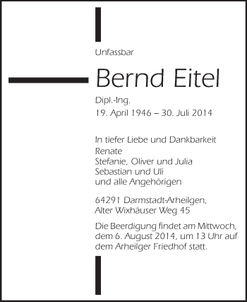 Traueranzeige von Bernd Eitel von Echo-Zeitungen (Gesamtausgabe)