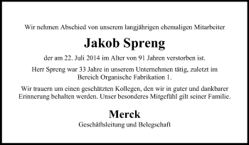 Traueranzeige von Jakob Spreng von Echo-Zeitungen (Gesamtausgabe)