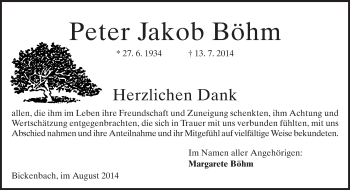 Traueranzeige von Peter Jakob Böhm von Echo-Zeitungen (Gesamtausgabe)