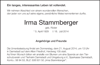 Traueranzeige von Irma Stammberger von Echo-Zeitungen (Gesamtausgabe)