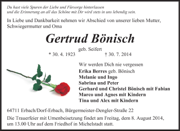 Traueranzeige von Gertrud Bönisch von Odenwälder Echo