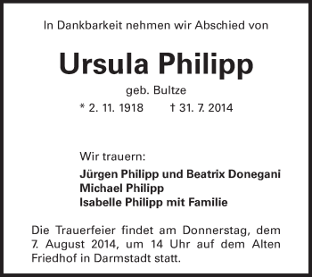 Traueranzeige von Ursula Philipp von Echo-Zeitungen (Gesamtausgabe)