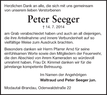Traueranzeige von Peter Seeger von Echo-Zeitungen (Gesamtausgabe)